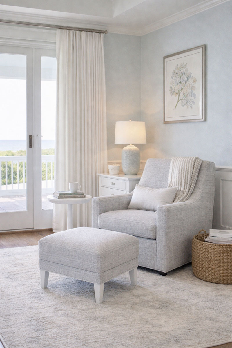 Nursery chair corner placed away from the crib with a soft lamp and clear path for nighttime feeding