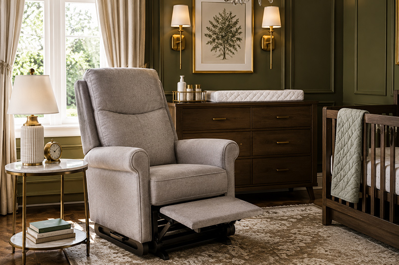comfortable high back nursery chair for tall parents in a baby room