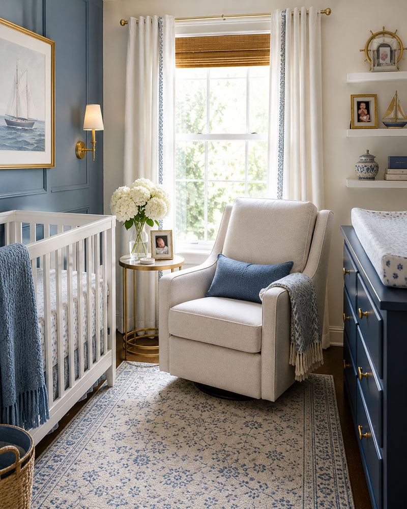 Nursery chair beside a window in a small nursery
