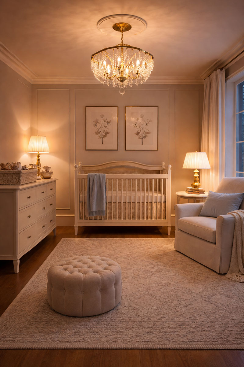 Nursery chandelier with low warm lighting for calm nighttime use