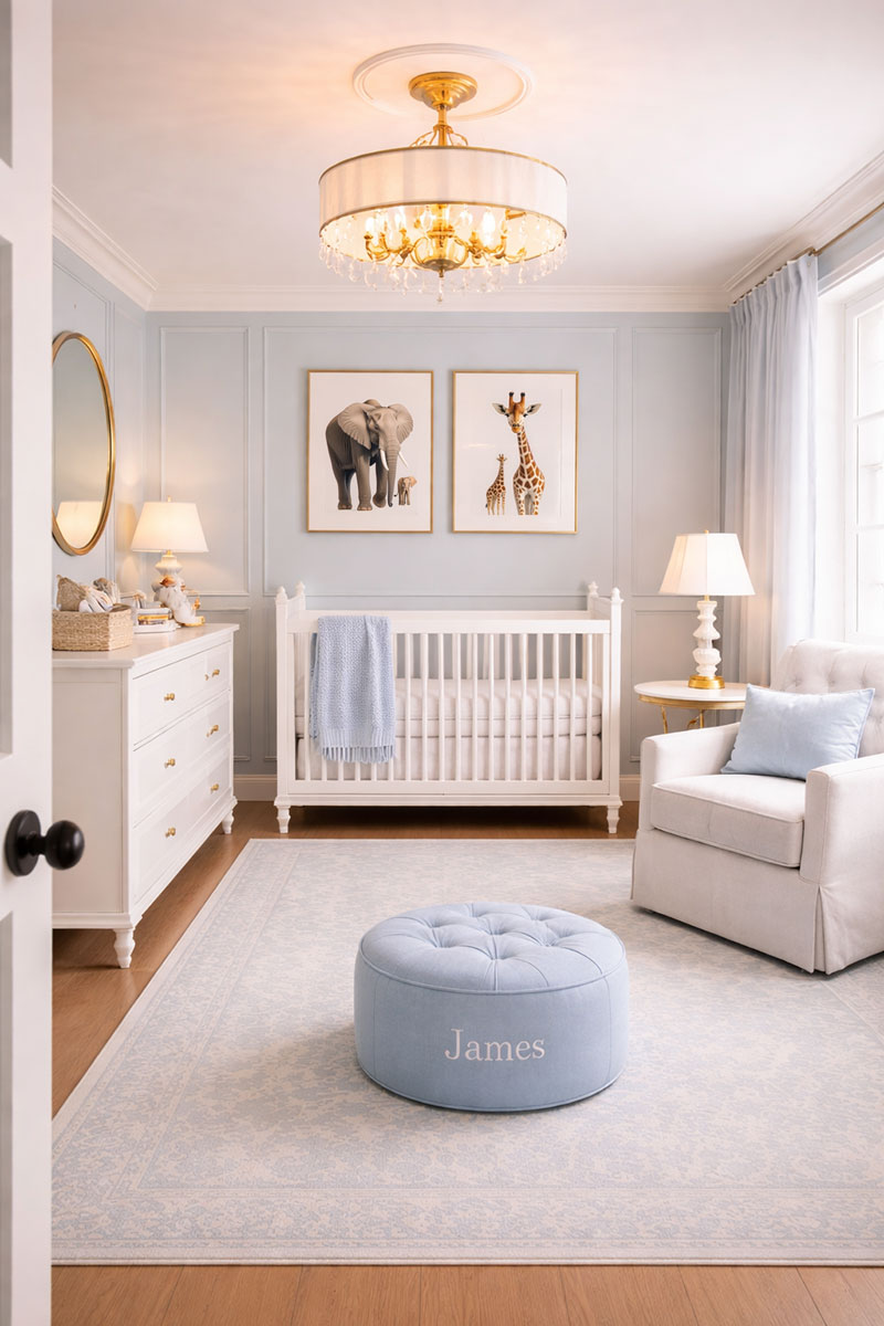 Nursery chandelier placement centered in a baby room layout away from the crib area