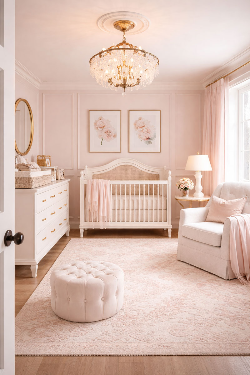 Properly sized nursery chandelier centered in a baby room with balanced proportions
