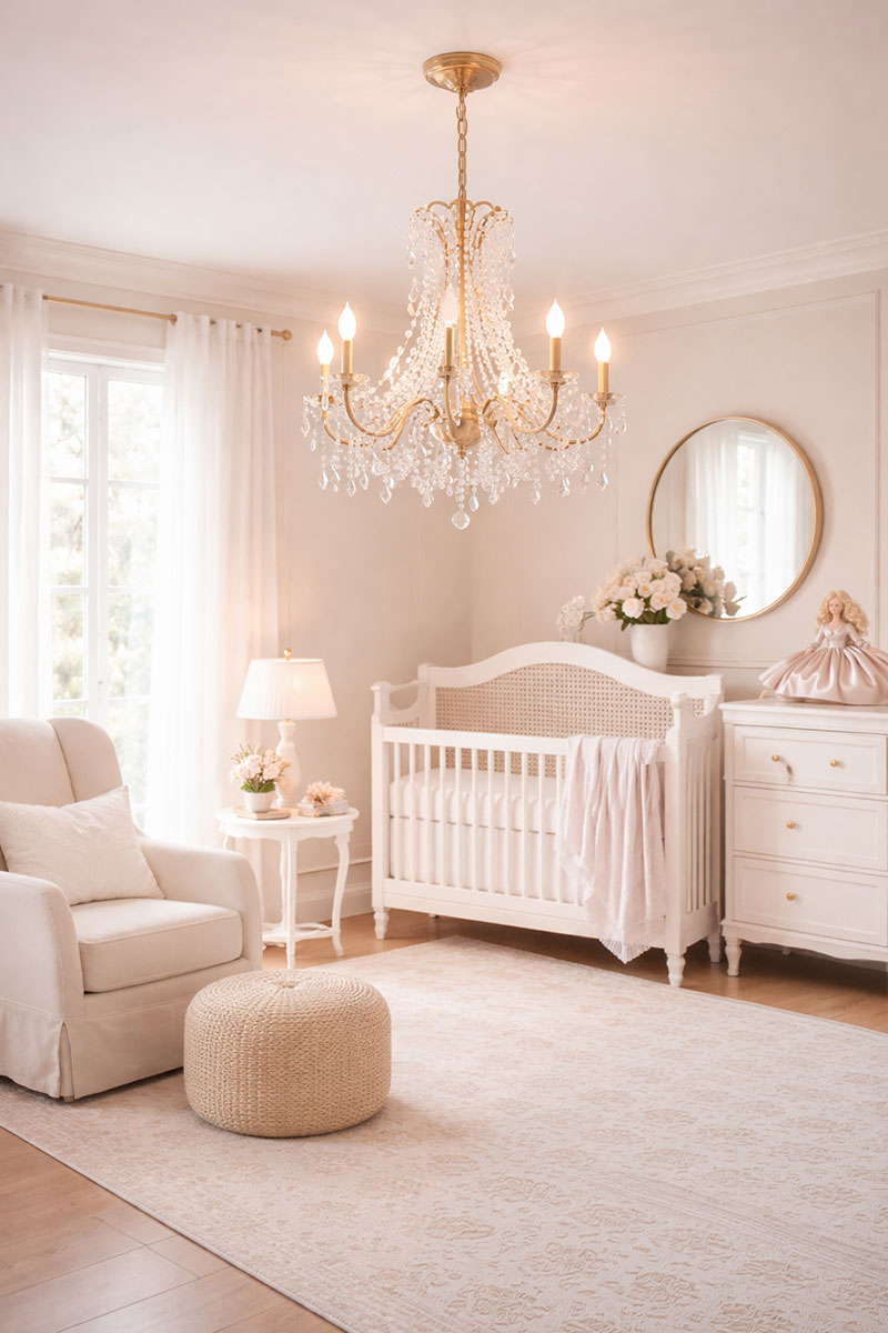 Elegant nursery chandelier styled in a polished baby room with balanced decor