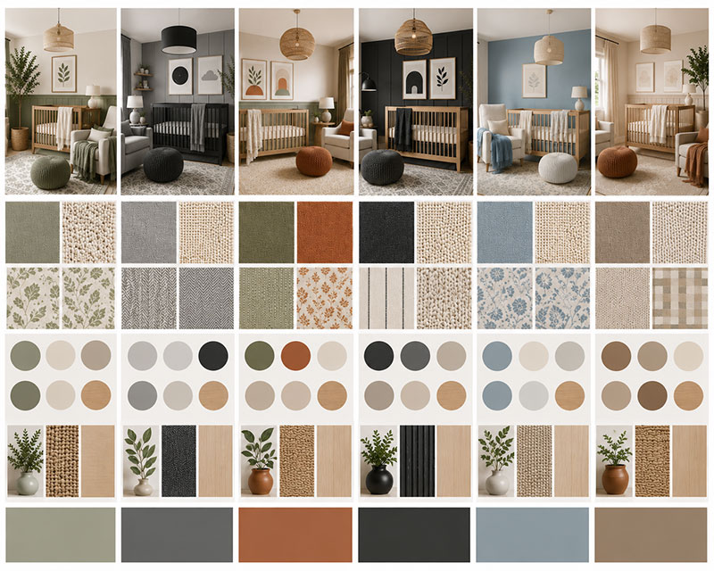 Nursery color scheme swatch comparison with warm neutral, sage, pastel, charcoal, and earth tone palette boards