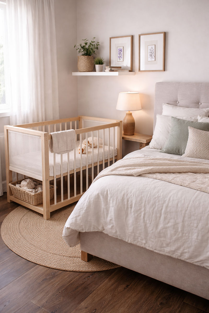 Nursery corner in a parents bedroom with a crib and small storage basket