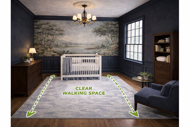 Nursery crib layout with clear walking space and practical room flow around the crib