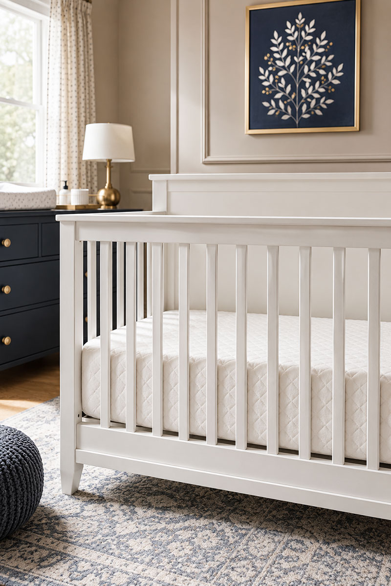 Crib mattress fitting securely inside a modern crib