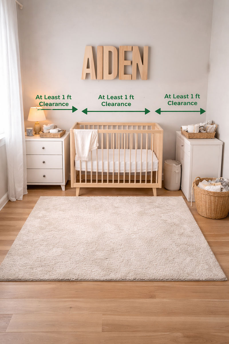 modern nursery crib placement layout with safe spacing and clear walking area