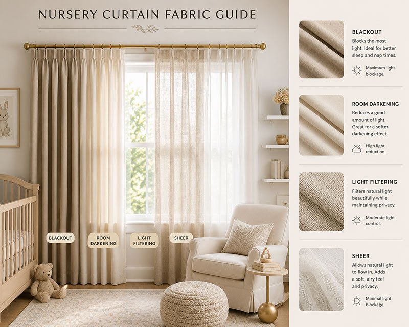 Nursery curtain fabric choices for different room conditions