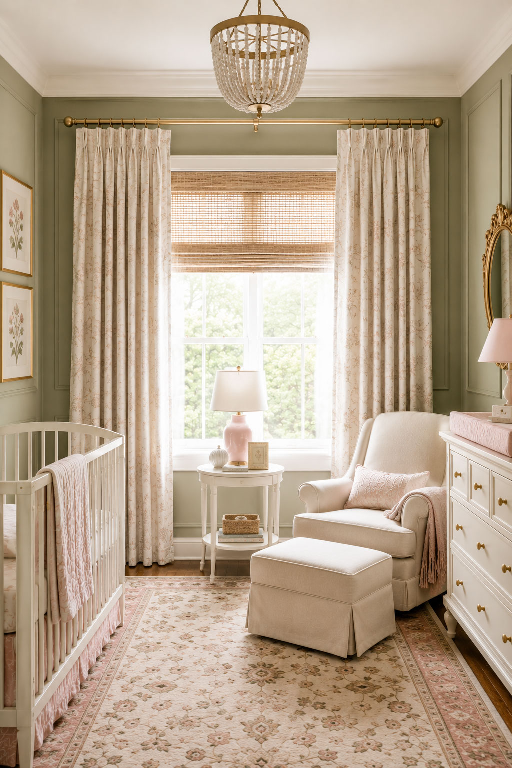 Nursery showing properly mounted curtain rods and balanced window treatments