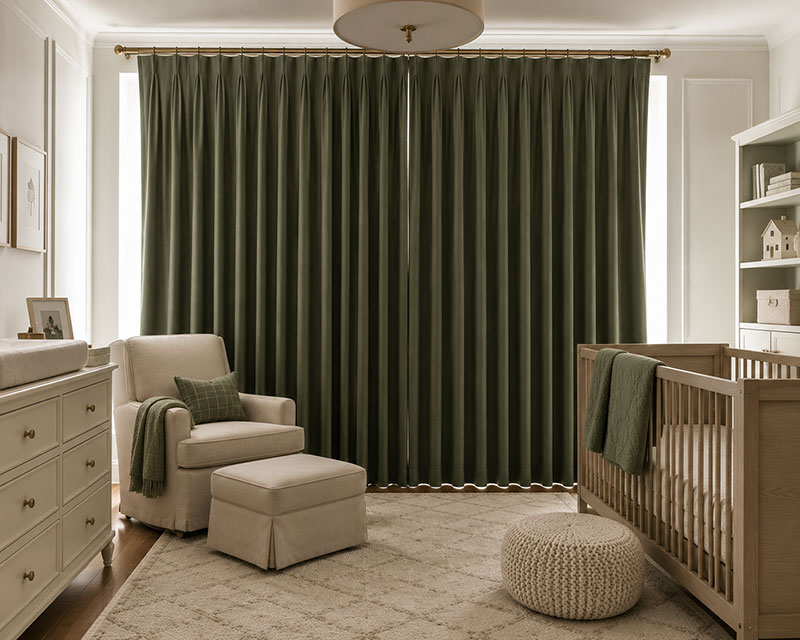 Luxury nursery featuring blackout curtains and professionally designed window treatments