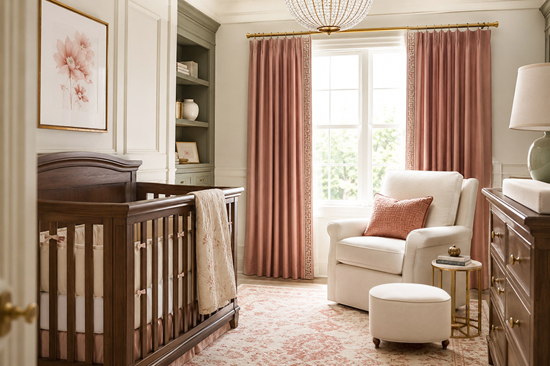 Nursery curtains framing a stylish baby room window with safe light control
