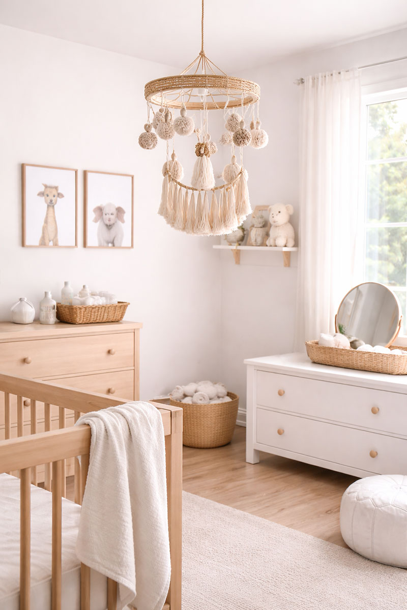 Nursery decor including rug, wall art, and soft lighting