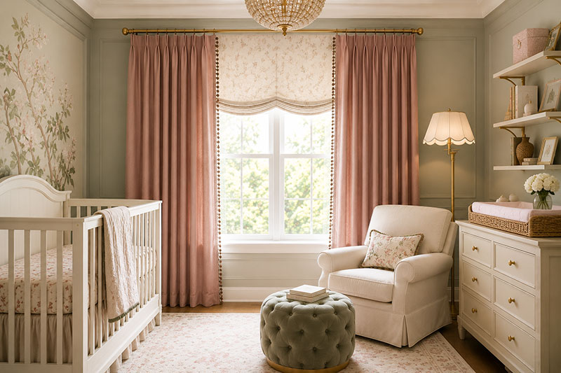 Nursery drapes installed around a large baby room window