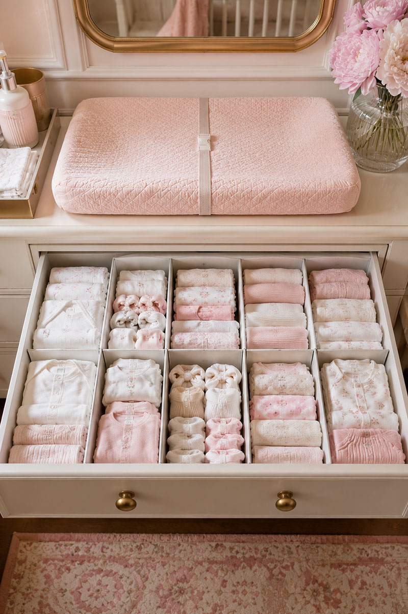 Nursery drawer divider system with folded baby clothes, small clothing sections, and polished dresser organization
