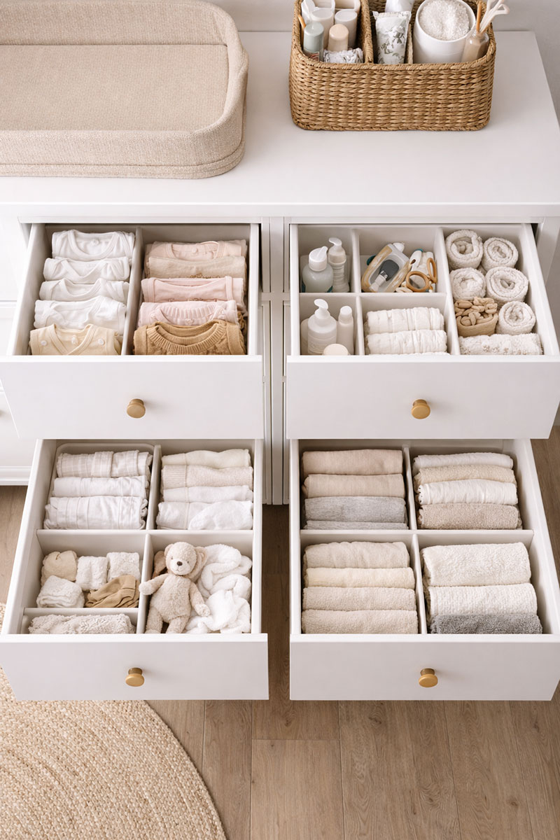 Organized nursery dresser drawers with dividers for baby clothes and essentials