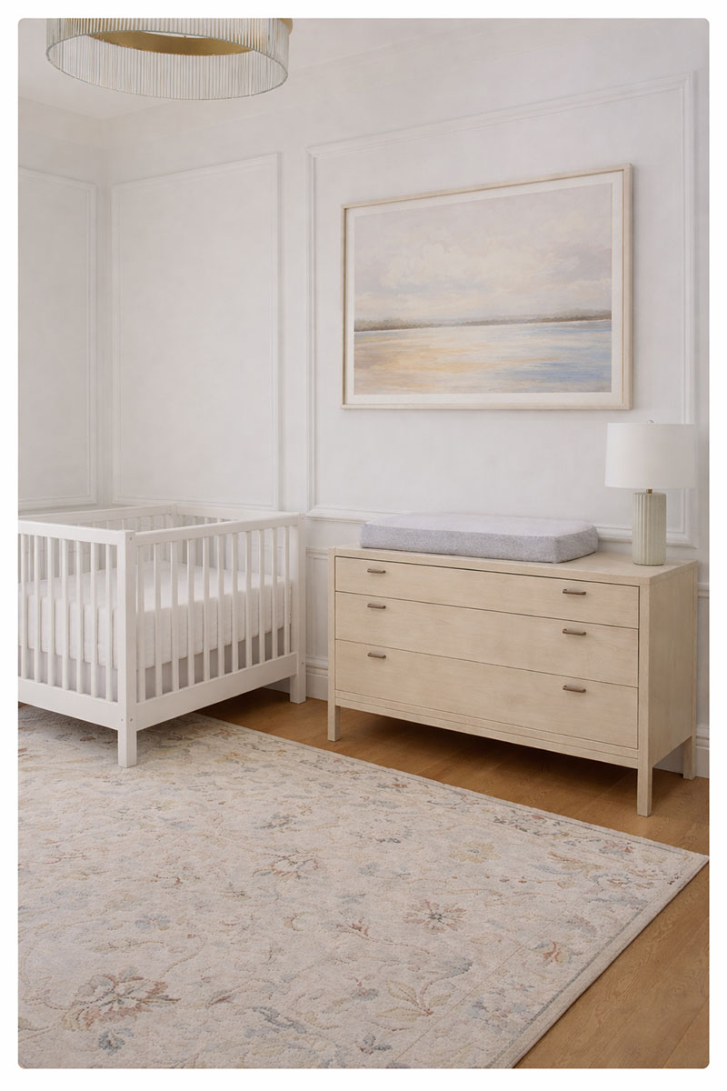 Nursery dresser changing station placed near the crib with drawers accessible and open floor space