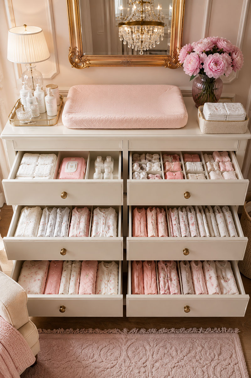 Nursery dresser organization ideas with open drawers, folded baby clothes, dividers, and elegant baby room storage