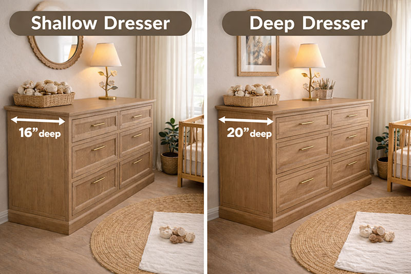 Comparison of shallow and deep nursery dresser footprints in a compact room layout