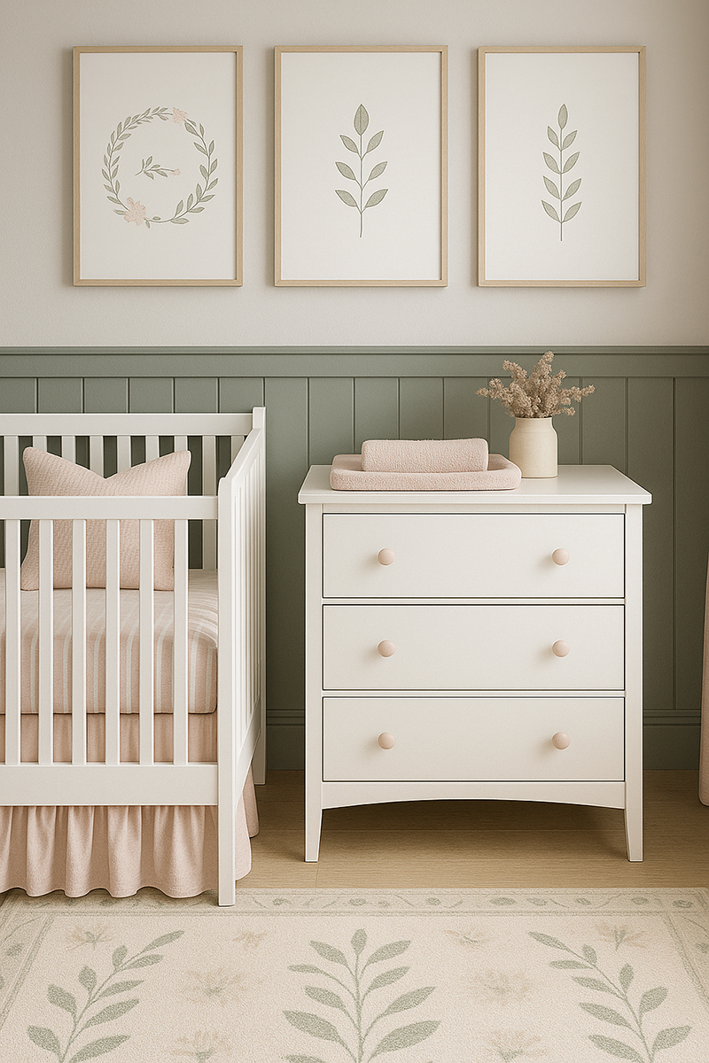 Minimal nursery furniture setup with crib dresser