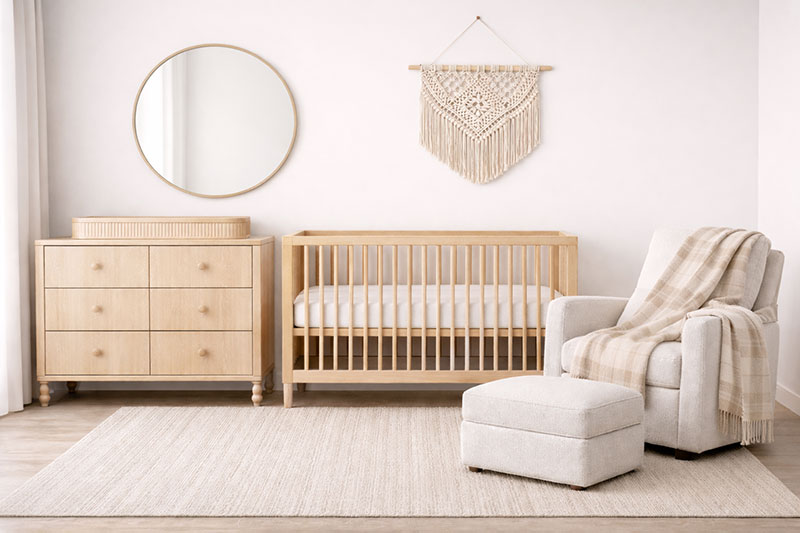 Nursery floor plan layout with crib, dresser, and glider placed for clear walking paths