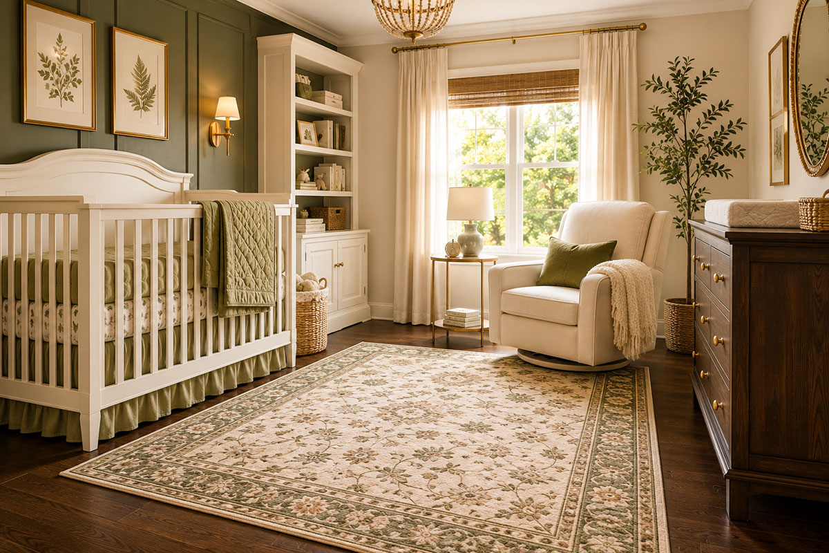 Realistic nursery with an existing dark hard floor and a properly sized patterned area rug beneath the crib and chair