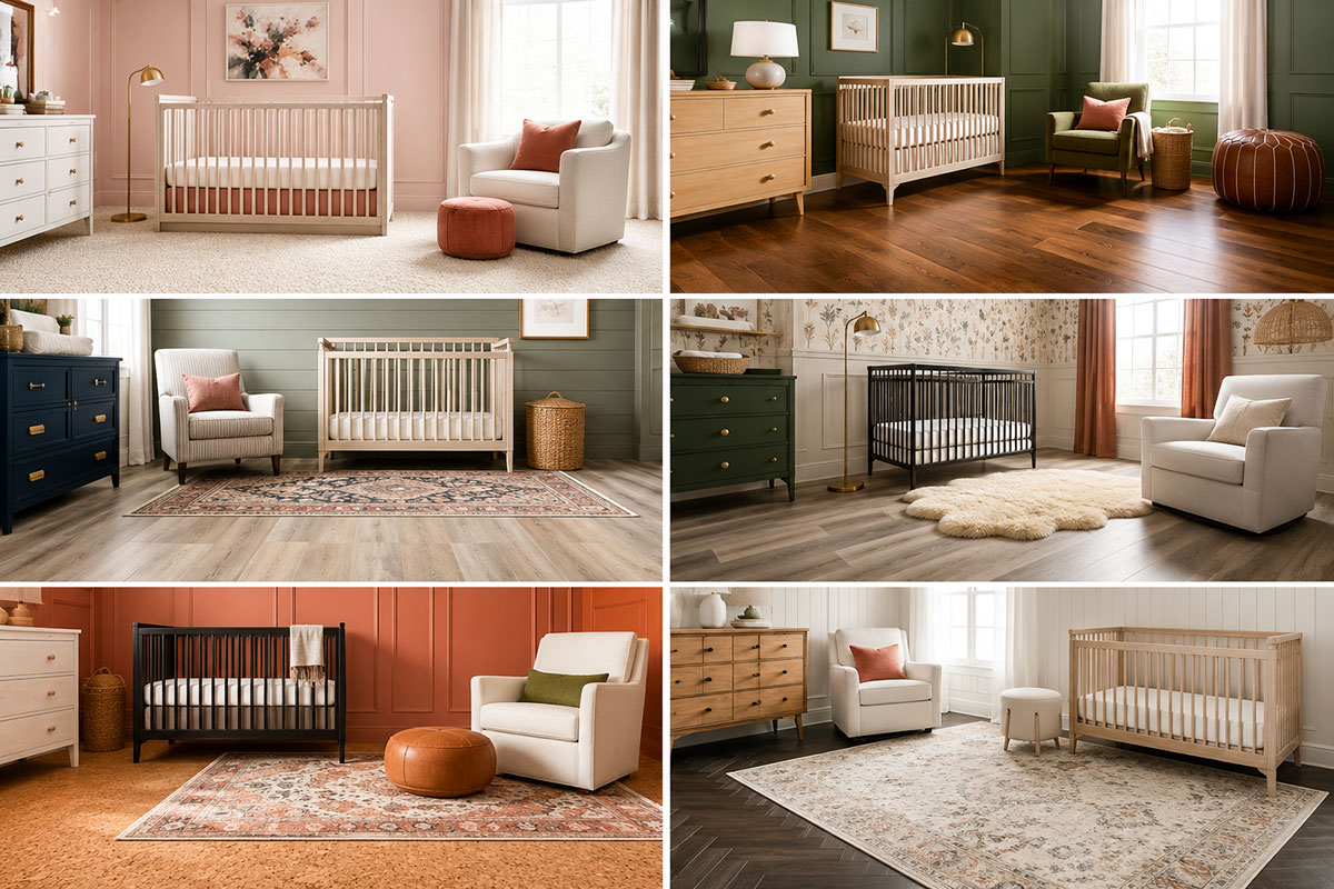 Nursery flooring comparison showing carpet, hardwood, vinyl, laminate and cork samples in a realistic baby room setting