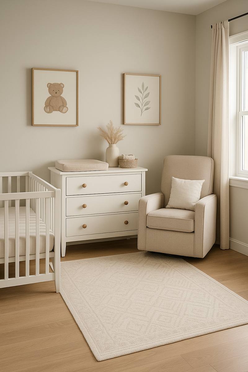 Example nursery furniture layout with crib dresser and chair