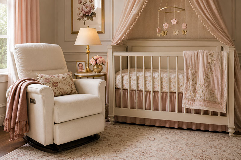 Compact nursery glider chair beside crib inside a smaller nursery