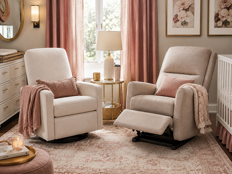 Nursery glider and recliner style feeding corner in a high end baby room