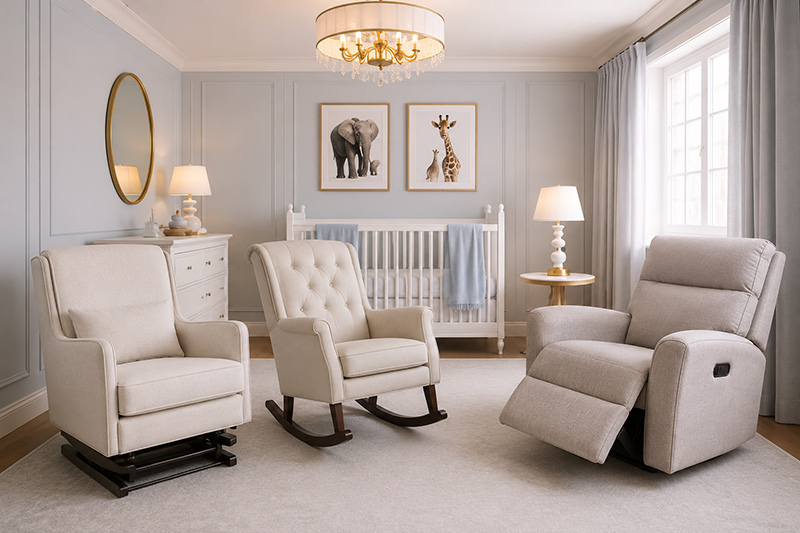 Nursery glider rocking chair and recliner comparison in an elegant baby room