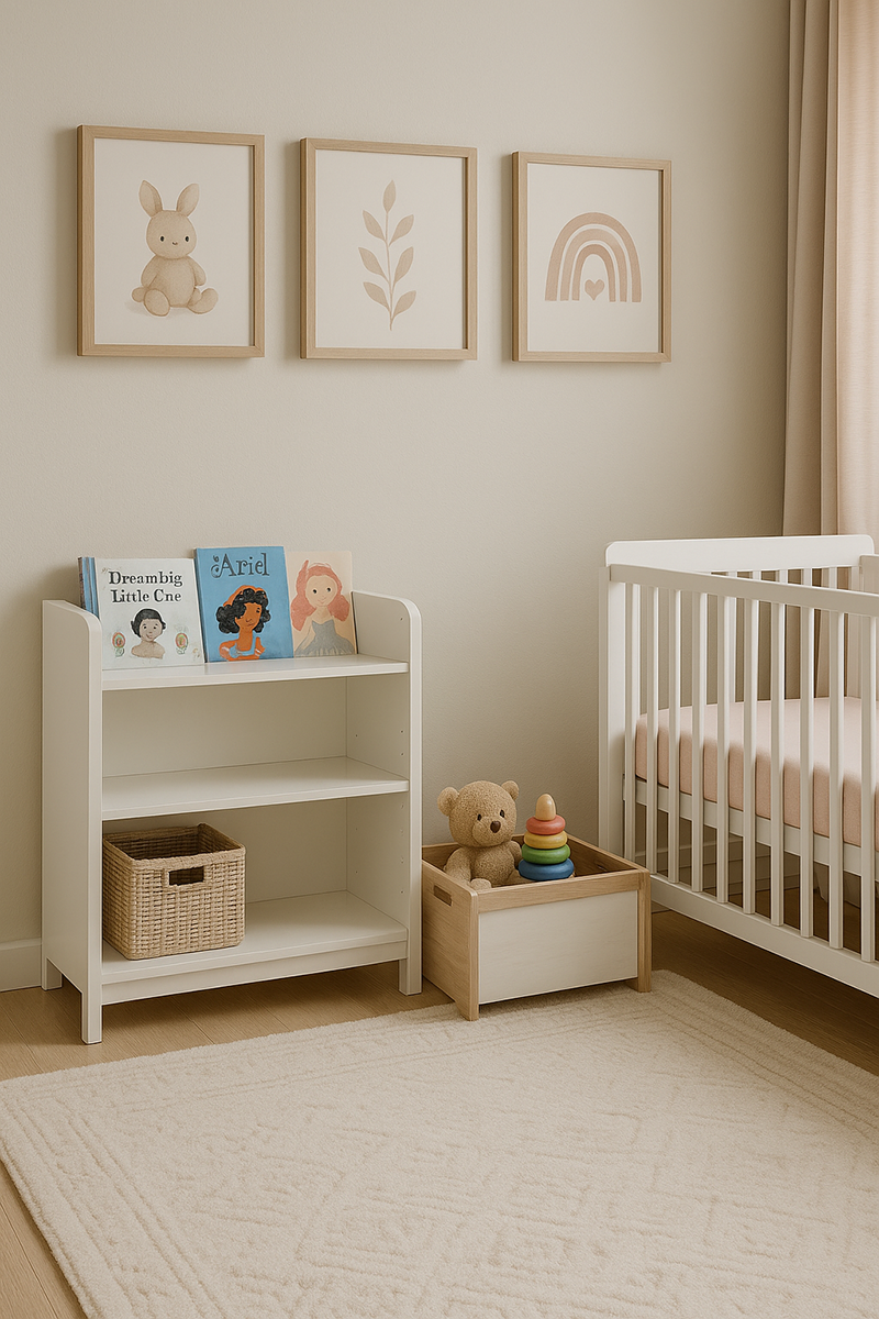 Nursery storage ideas for babies growing needs including shelf and toy bin
