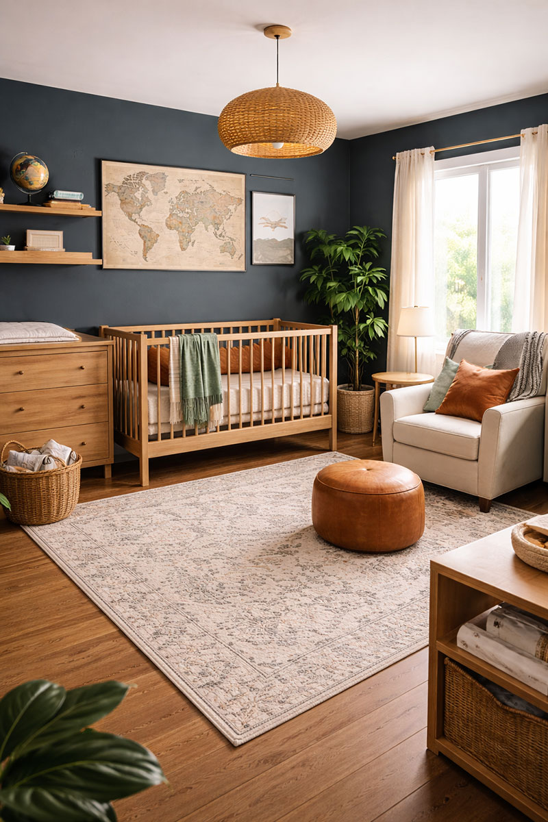 Modern baby boy nursery with deep navy wall, warm wood crib, and layered neutral textiles