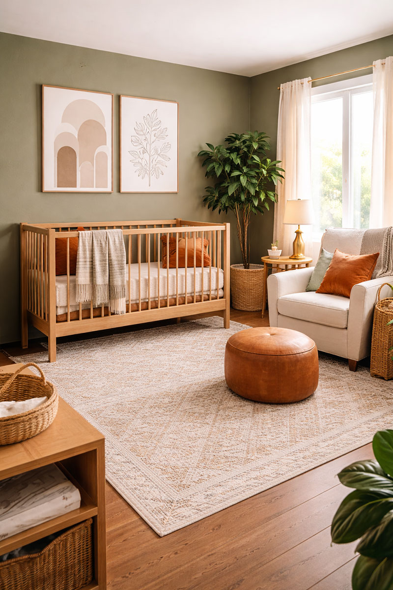 Gender neutral nursery with muted olive wall, light oak crib, rust textiles, woven textures, and botanical art