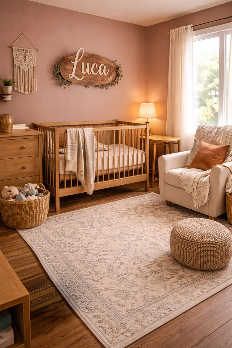 Warm real-life nursery with personal touches, layered lighting, handmade décor, soft textiles, and a cozy lived-in feel