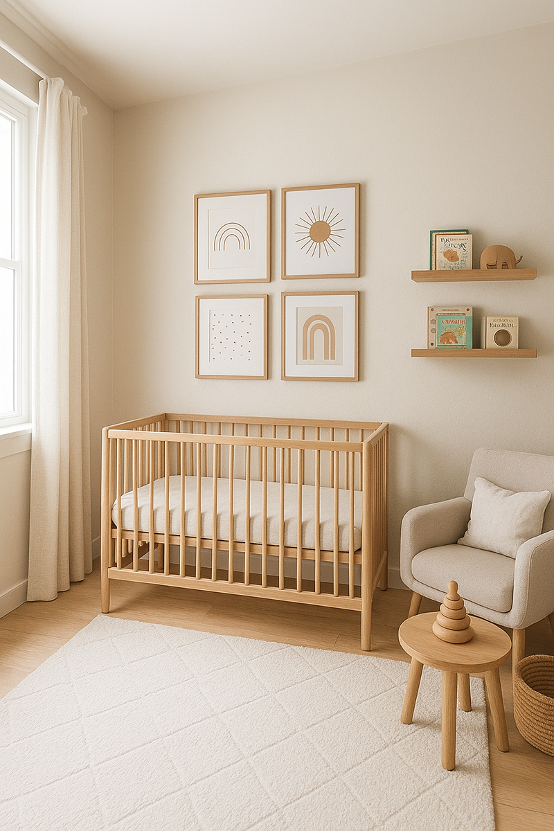 Minimalist small-space nursery with soft neutral walls, slim modern crib, floating shelves, airy curtains, and warm wood accents