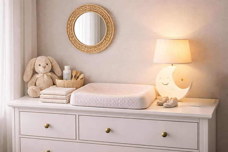 Smiling face crescent moon nursery lamp styled with furniture in a coordinated baby room