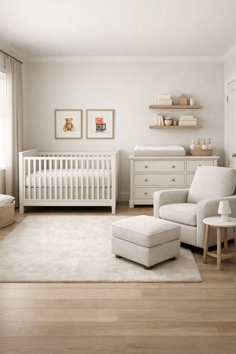 12x12 nursery layout with crib, dresser, glider, and clear walking space