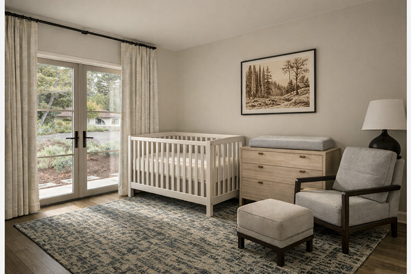 Nursery layout ideas showing crib on interior wall, dresser changing station nearby, and chair in corner with clear walking path