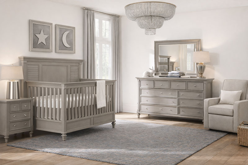 balanced nursery layout ideas for square rooms with crib dresser and chair arranged evenly