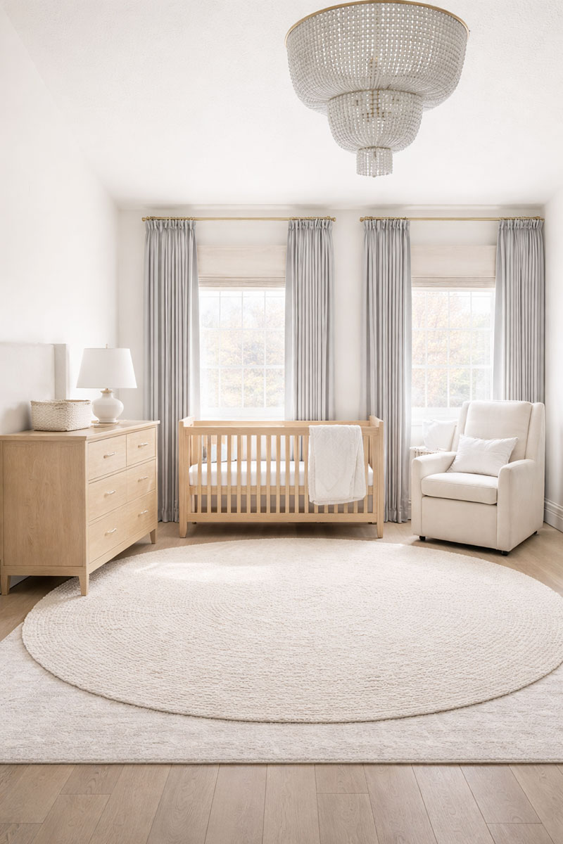 nursery layout ideas for square rooms showing crib dresser and chair arranged in a balanced square nursery