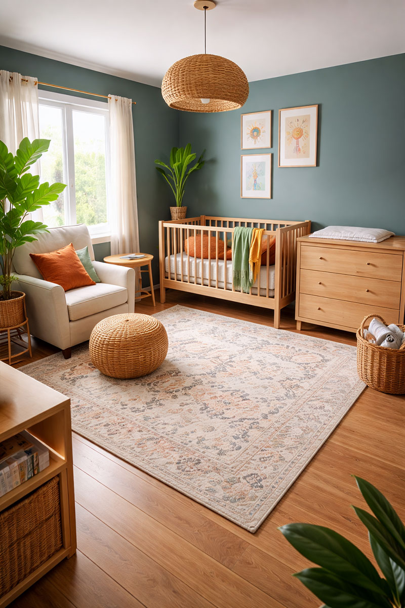 Stylish nursery layout with crib on restful wall, glider chair, patterned rug, dresser changing station, and clear walkway flow