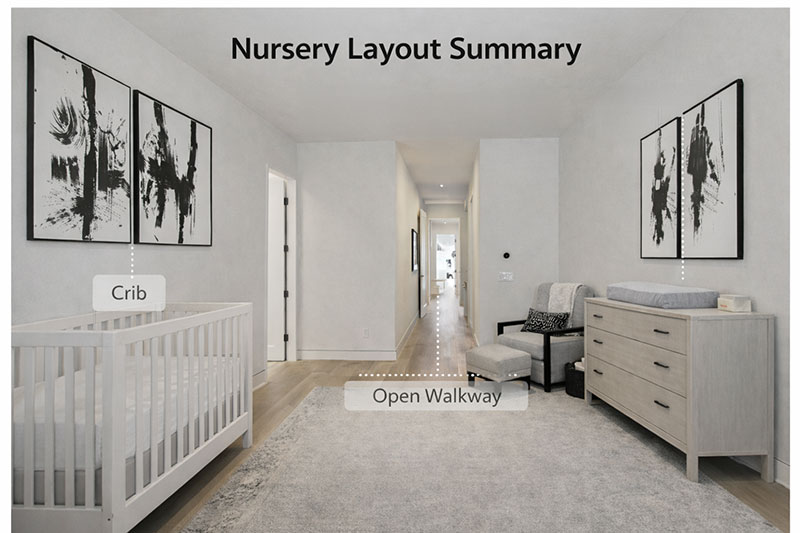 Calm neutral nursery layout summary image showing crib, dresser changing station, chair corner, and open walkway