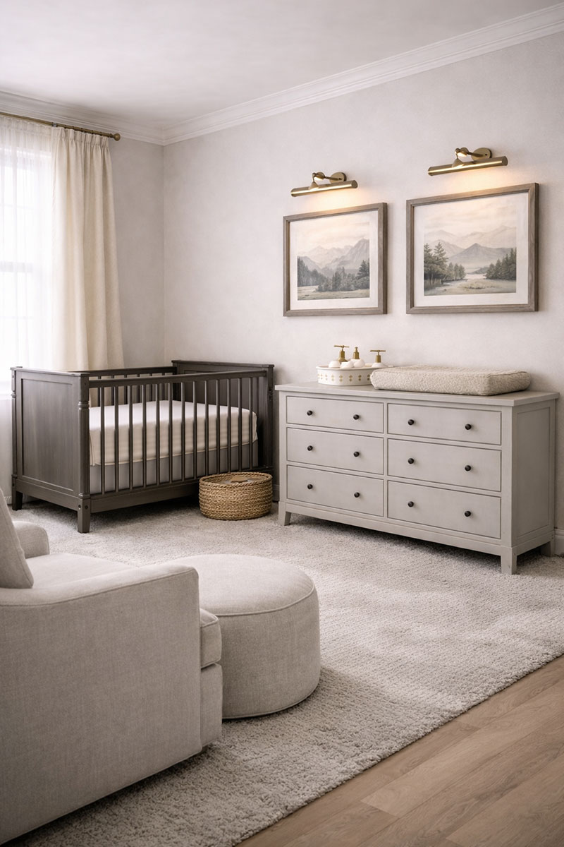 Side wall view of a nursery layout with crib and dresser showing safe spacing, open floor area, and coordinated furniture