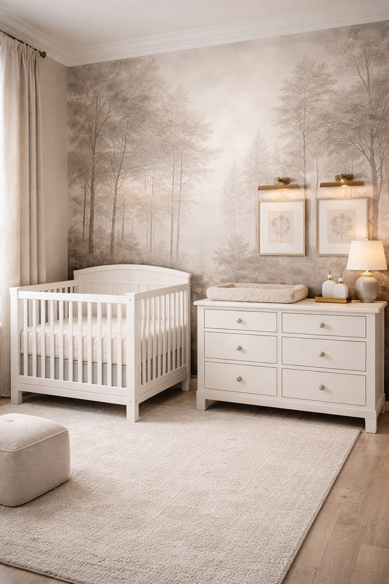 Nursery layout with a crib and dresser arranged along separate walls for safe spacing and easy movement