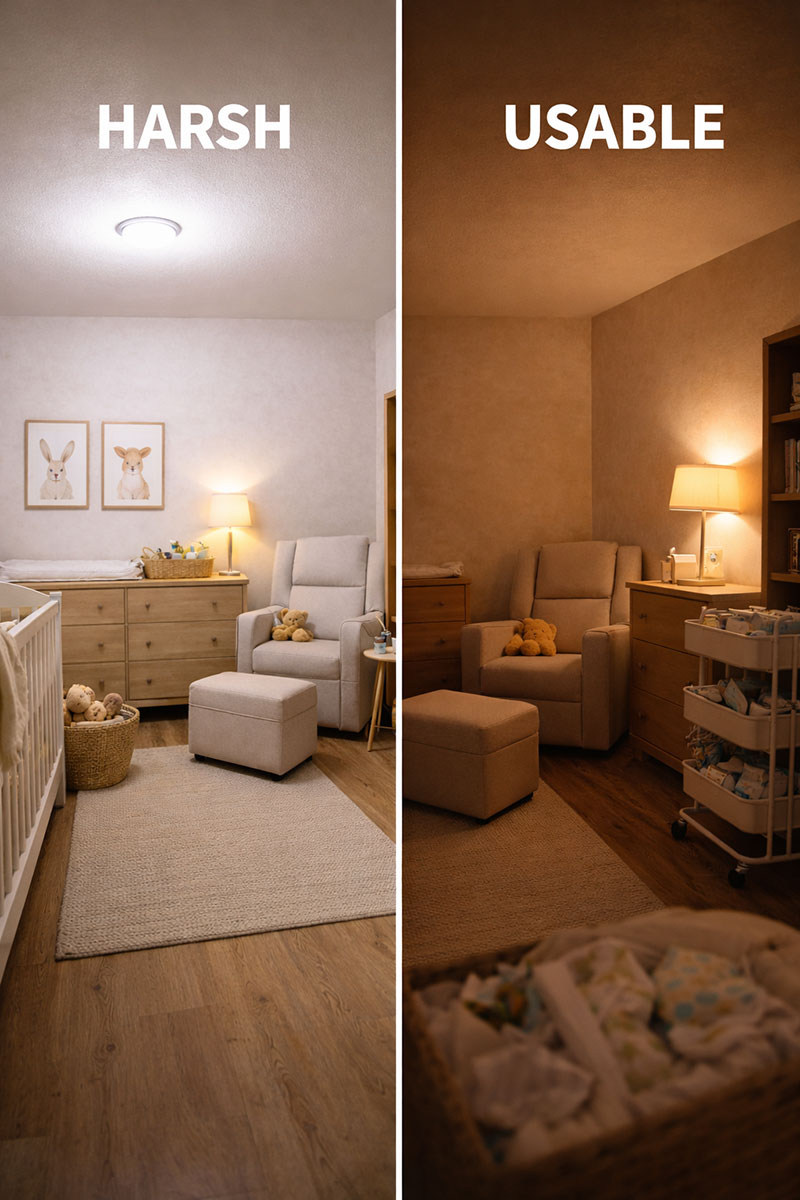 Nursery lighting regret showing harsh overhead light instead of soft task lighting for nighttime care