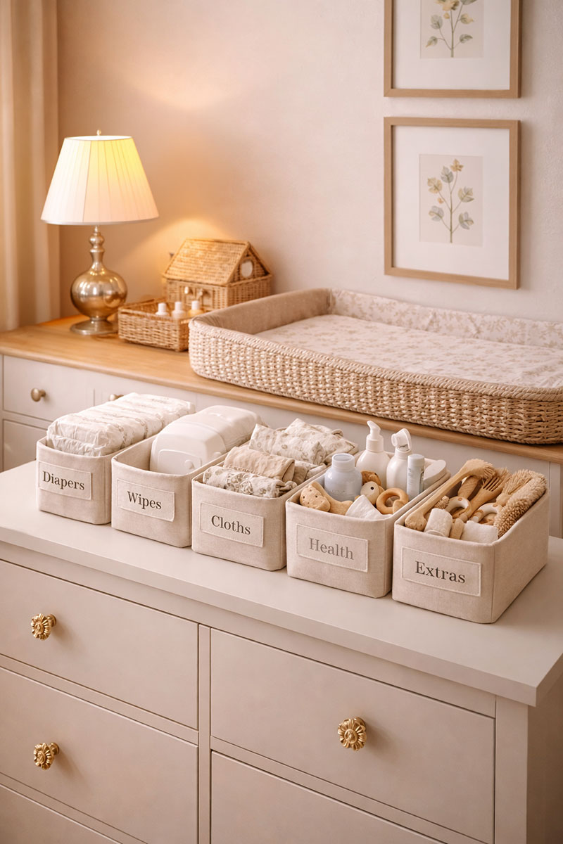 Simple diaper station with labeled bins showing nursery organization that supports daily routines