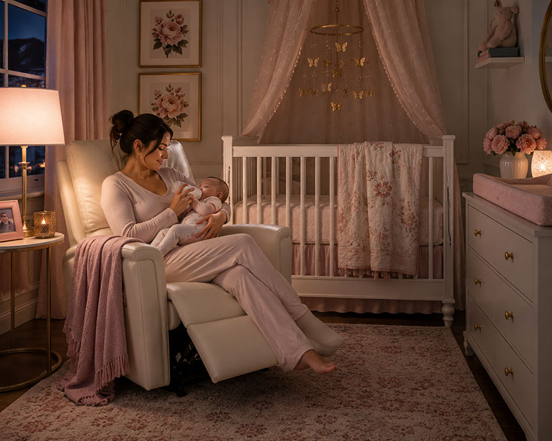 Nursery recliner positioned for nighttime baby feeding beside crib