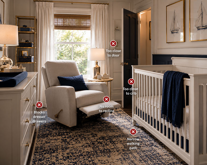 Editorial nursery layout with recliner positioned for clear traffic flow