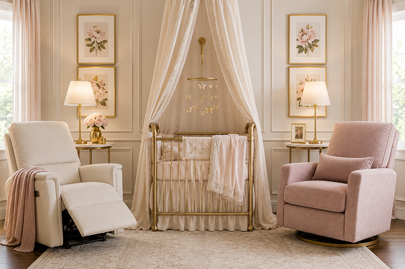Nursery recliner vs glider comparison showing a baby room chair setup